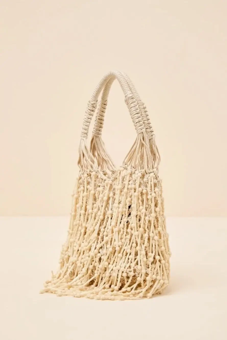NWT Lulus Amalla Beige Woven Beaded Fringe Handbag